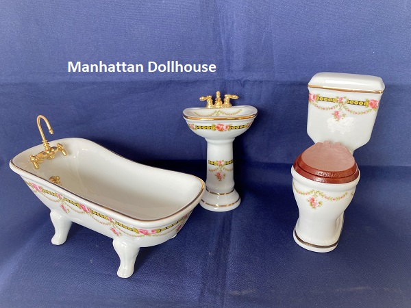 Dollhouse Pink Flower & Gold Band Bathroom Set-3 Pieces - Click Image to Close